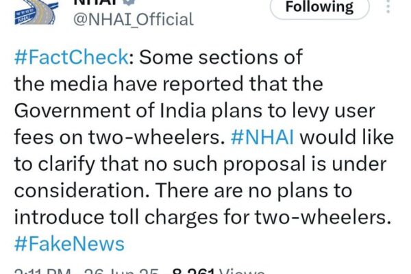 No Toll Charges for Two-Wheelers, Confirms NHAI NHAI