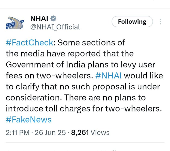 No Toll Charges for Two-Wheelers, Confirms NHAI